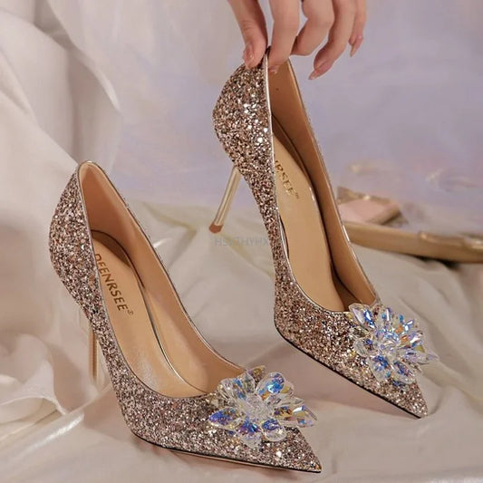 2024Newest Cinderella Shoes Rhinestone High Heels Shoes Women Pumps Pointed