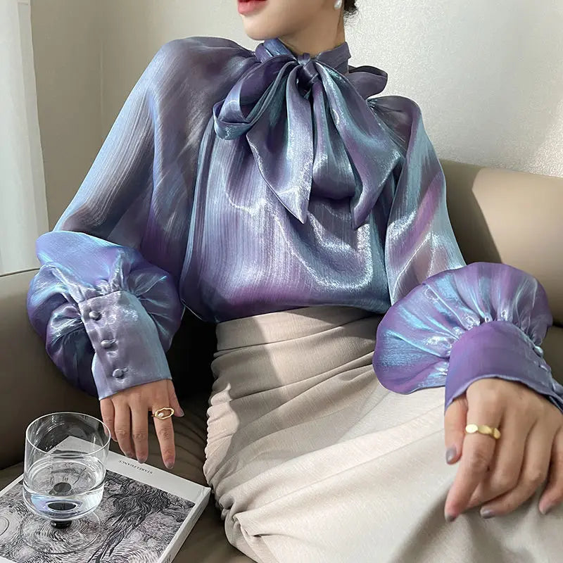 2024 Autumn Vintage Satin Silk Shirt Women Fashion Blouse Elegant