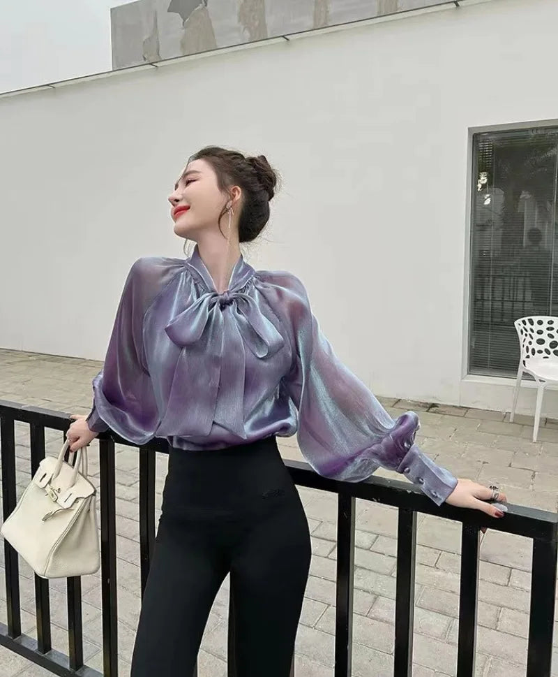 2024 Autumn Vintage Satin Silk Shirt Women Fashion Blouse Elegant