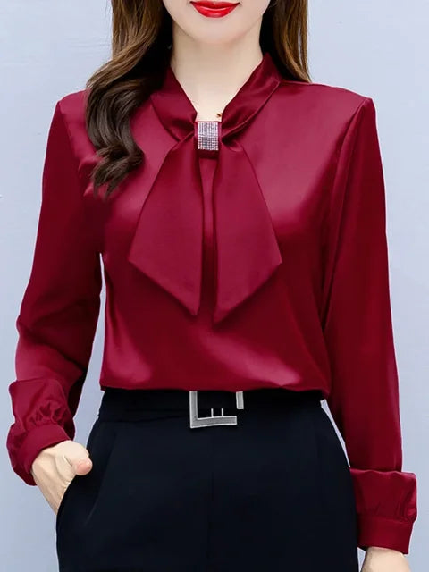 2024 Long Sleeve Blouse Women Bow Collar