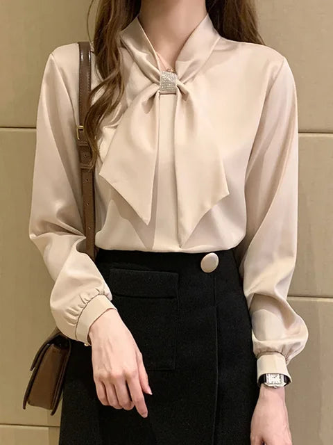 2024 Long Sleeve Blouse Women Bow Collar