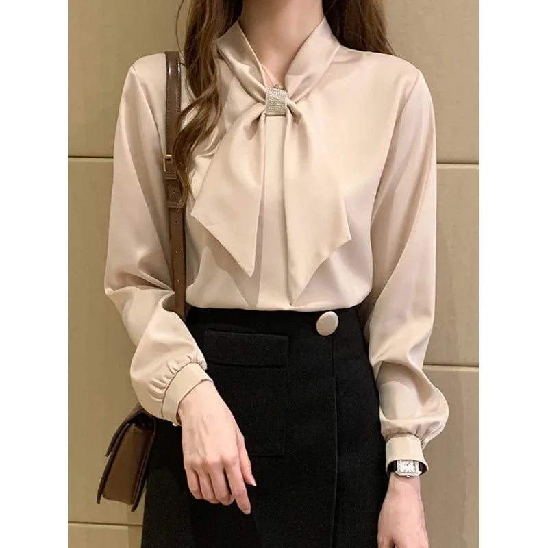 2024 Long Sleeve Blouse Women Bow Collar