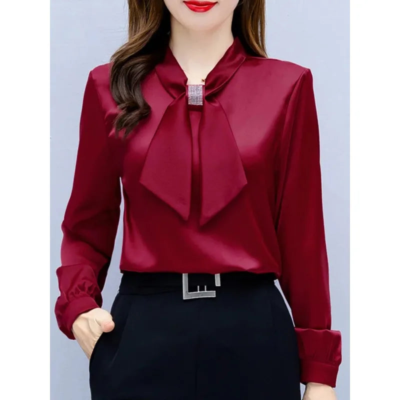 2024 Long Sleeve Blouse Women Bow Collar