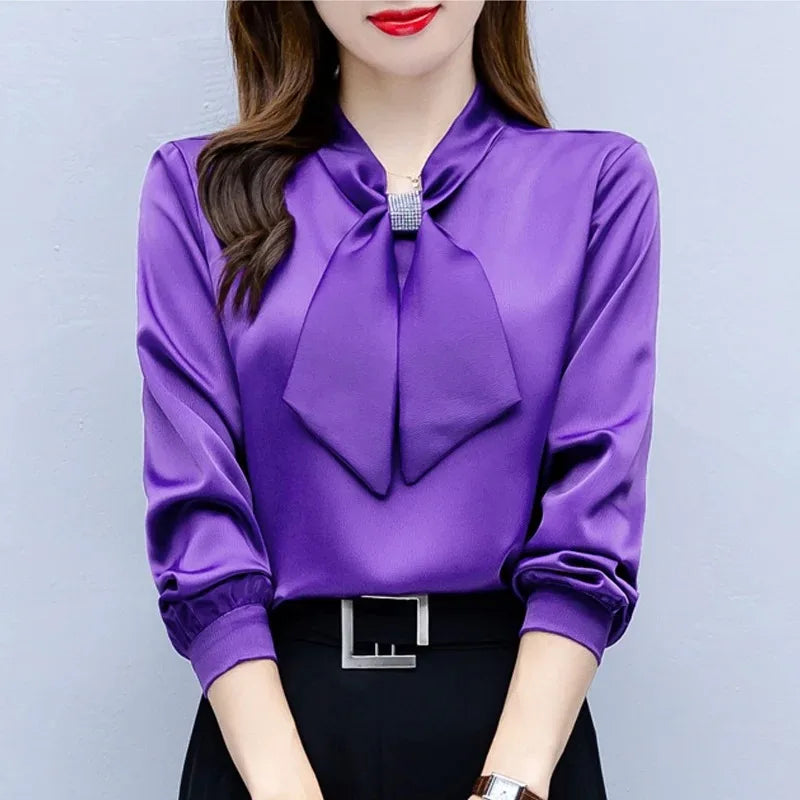 2024 Long Sleeve Blouse Women Bow Collar