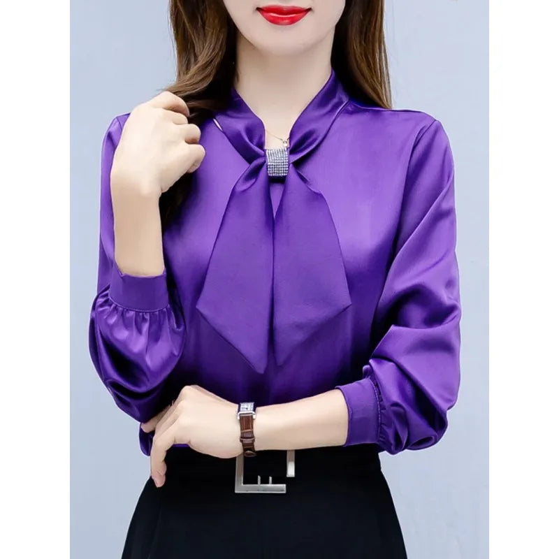 2024 Long Sleeve Blouse Women Bow Collar