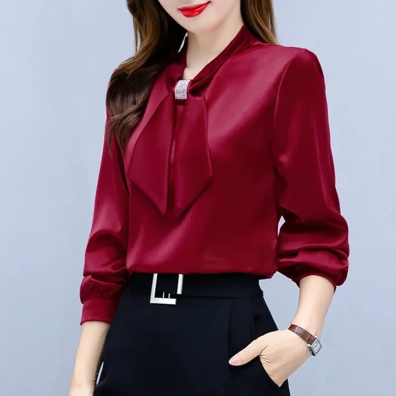 2024 Long Sleeve Blouse Women Bow Collar