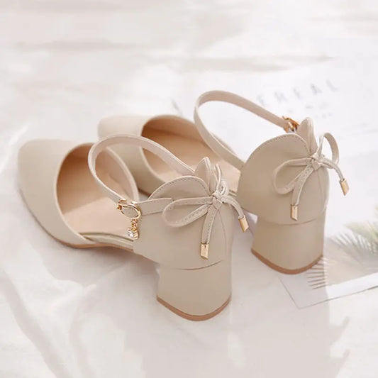 2024 Pumps Women Bow Mid Heels Two-Piece Shoes Buckle