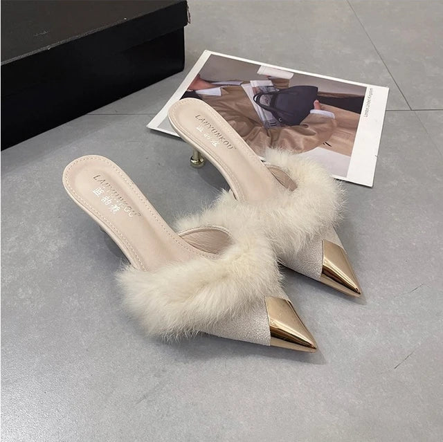 2024 Summer Women Pump Feather Heels Fashion Simple Wind Mule Slippers Women's