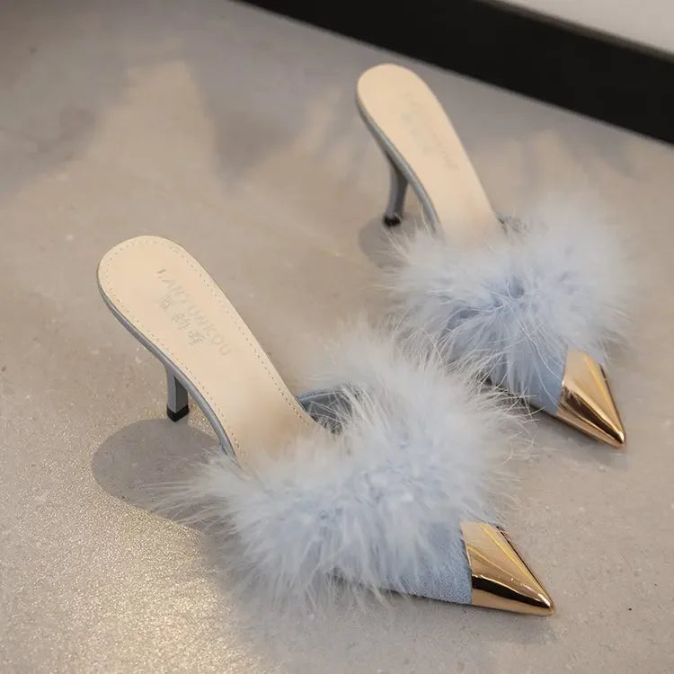 2024 Summer Women Pump Feather Heels Fashion Simple Wind Mule Slippers Women's