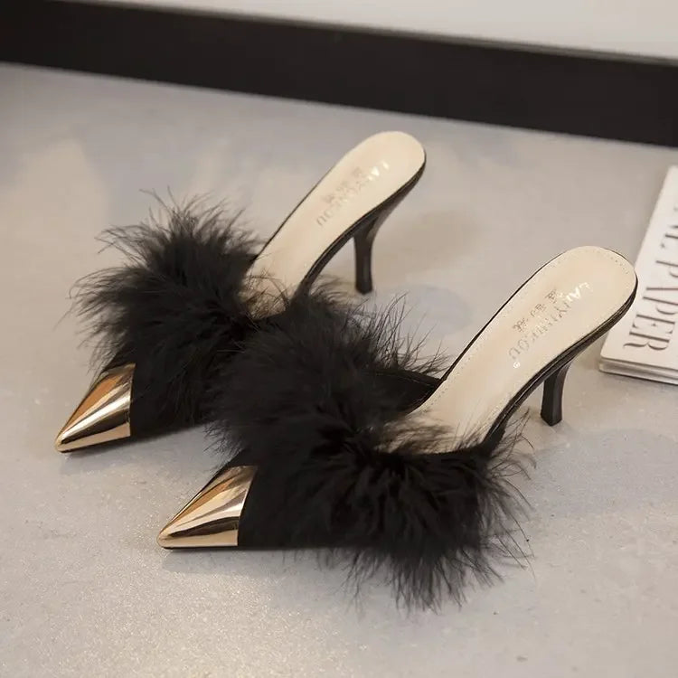 2024 Summer Women Pump Feather Heels Fashion Simple Wind Mule Slippers Women's