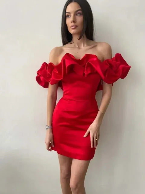 2024 Spring Women Ruffles Slash Neck Bodycon Package Hip Party