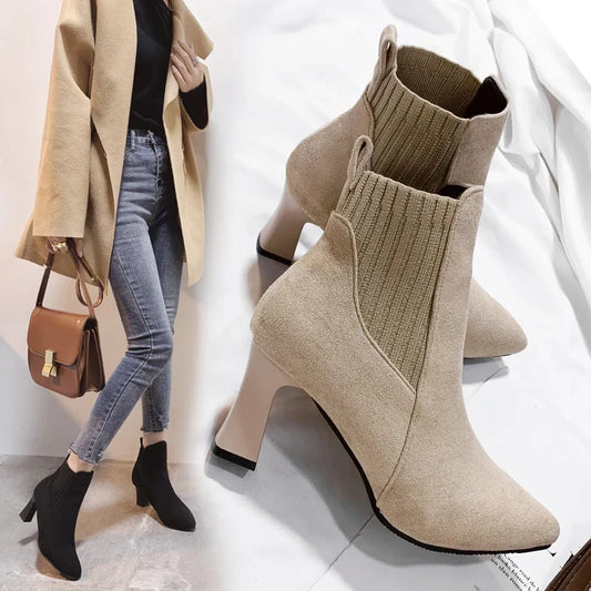 Ankle Boots Women Autumn Pointed Toe Knitted