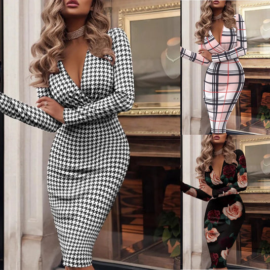 Autumn Winter Sexy Long Sleeve V-Neck Houndstooth Print Dress Women2024