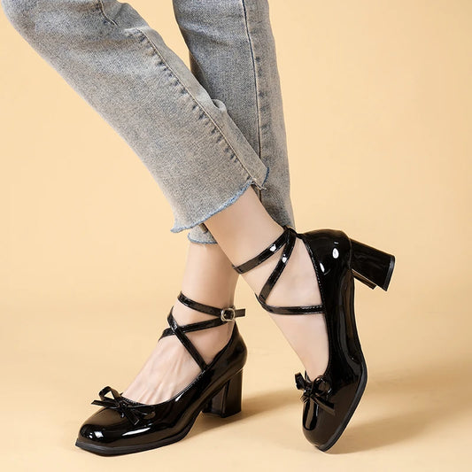 Black Retro Cross-Tie Pumps Casual 2024