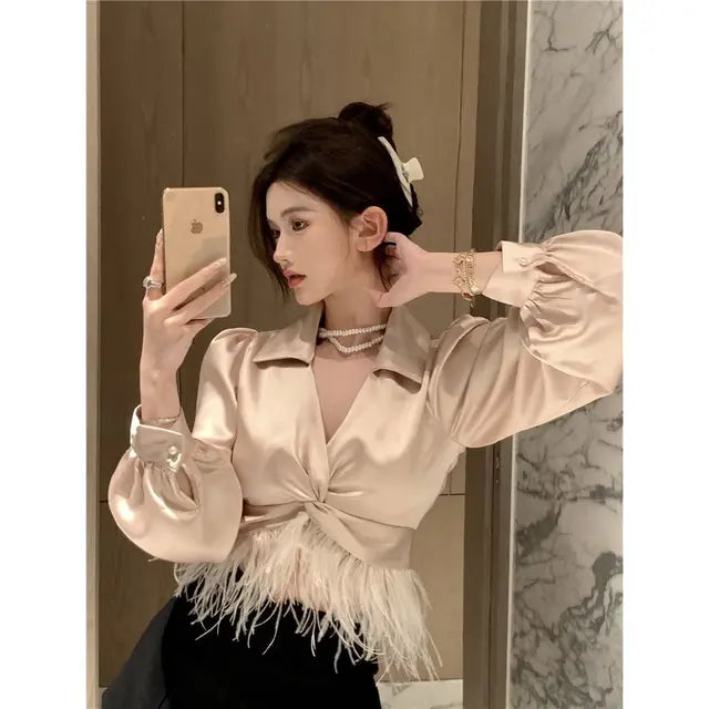 Blouses Women Autumn Temper Pure Color Leisure Elegant