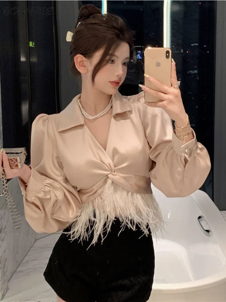 Blouses Women Autumn Temper Pure Color Leisure Elegant