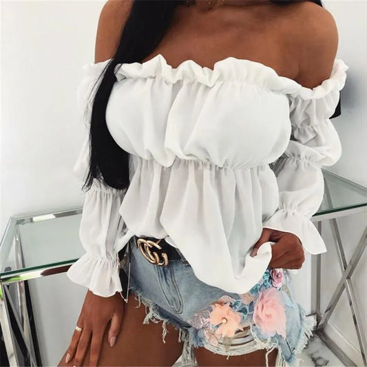 Chiffon Blouses Womens Sexy Off Shoulder