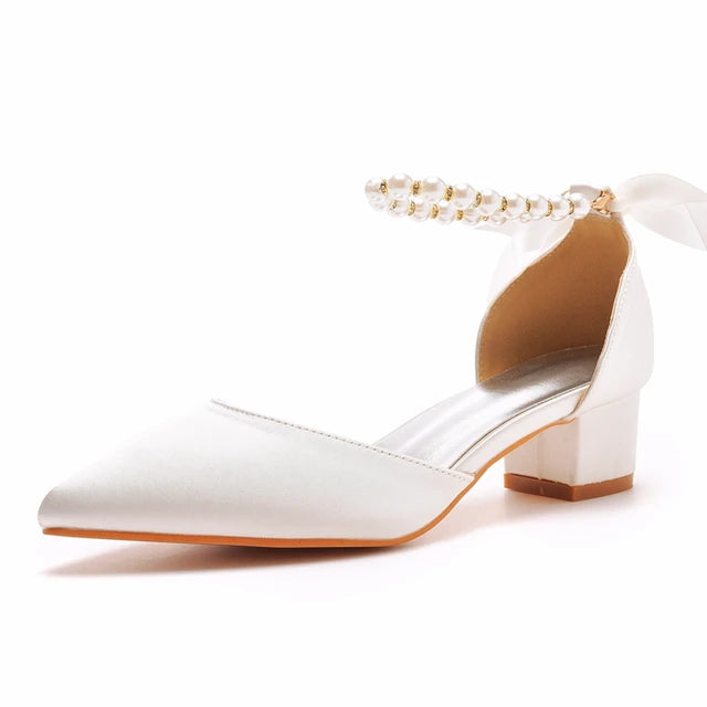 Crystal Queen Women Sexy Pumps White Silk Beading Bride Shoes Pointed