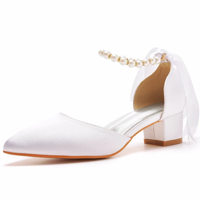 Crystal Queen Women Sexy Pumps White Silk Beading Bride Shoes Pointed