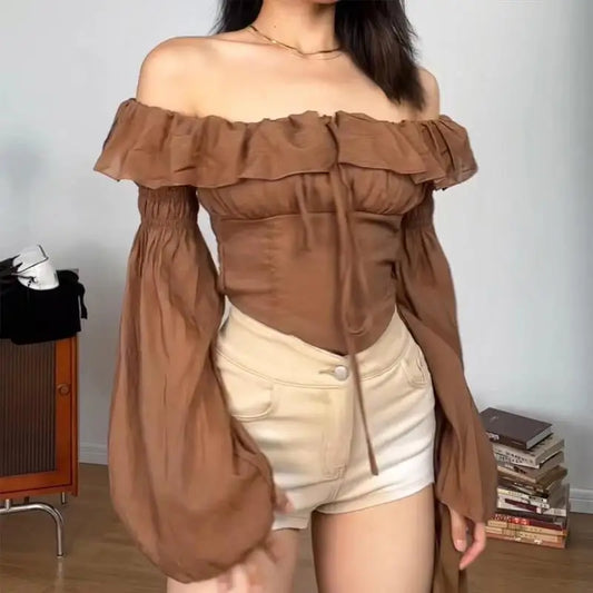 Vintage Puff Sleeve Shirts Women Off Shoulder Blouses