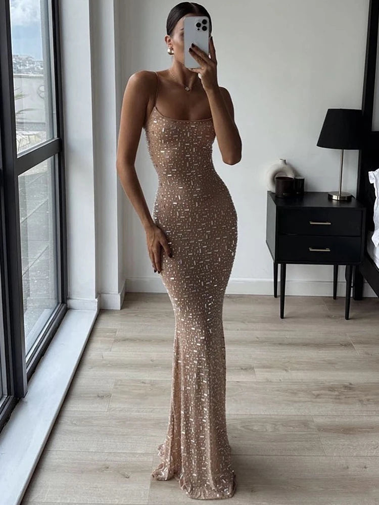 Elegant Sequin Female Maxi Dress Fashion Glitter High Waist Bodycon Sexy