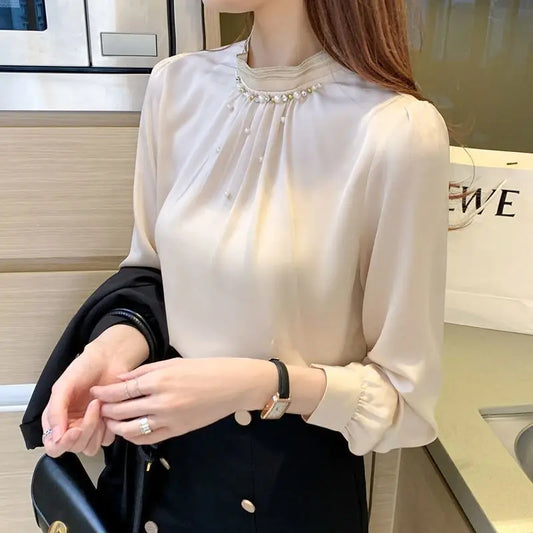 Elegant Solid Color Spliced Folds Beading Blouse Women's Clothing 2024