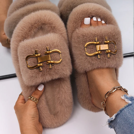 Fashion Slippers Women Buckle Decor Furry Slides