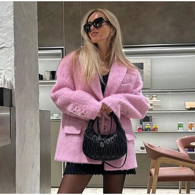 Lapel Woolen Plush Pink Coats For Women