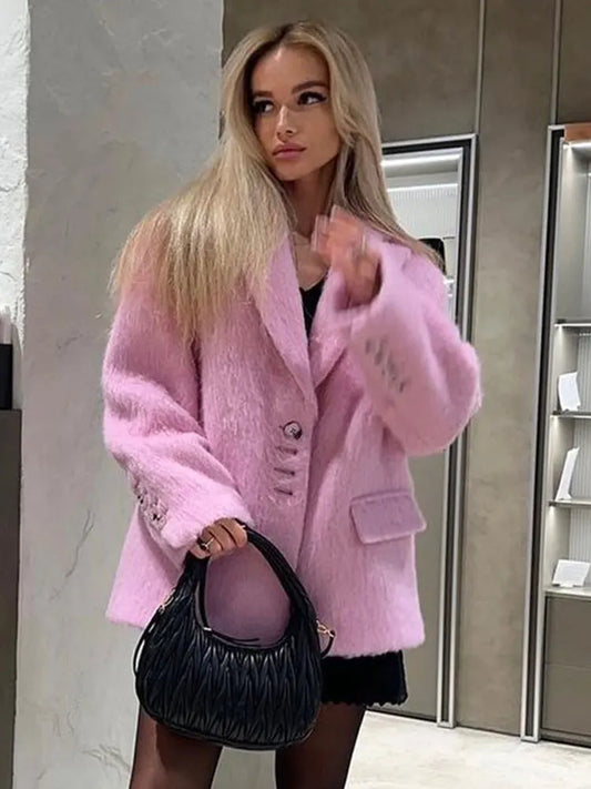 Lapel Woolen Plush Pink Coats For Women