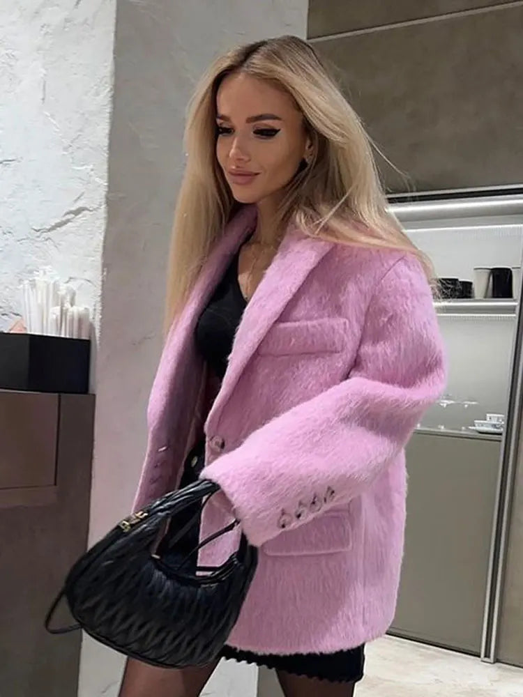 Lapel Woolen Plush Pink Coats For Women