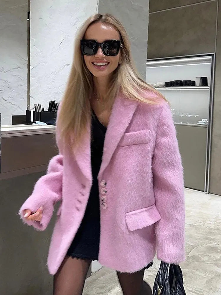 Lapel Woolen Plush Pink Coats For Women