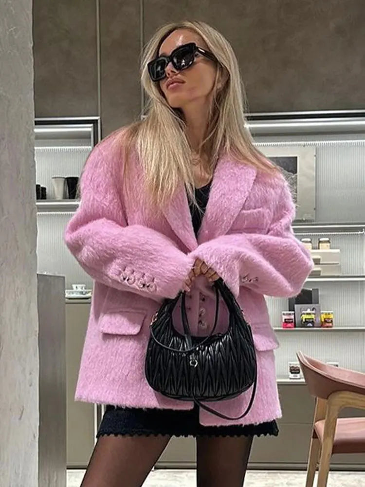 Lapel Woolen Plush Pink Coats For Women