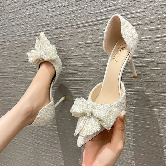 Luxury Pearl Crystal  White Wedding Shoes Women 2024