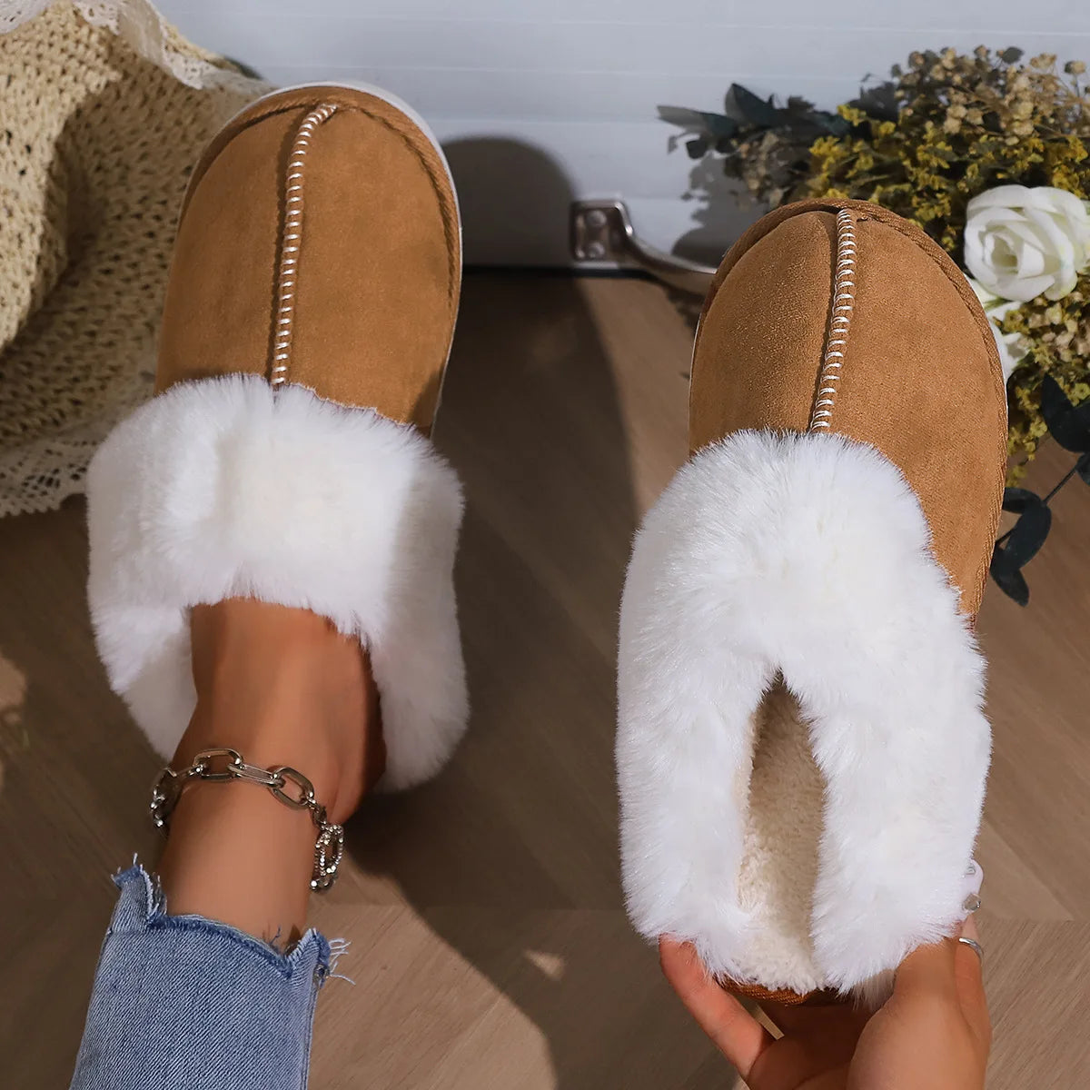 New Fashion Concise Easy Matching Winter Warm Plush Slippers Women