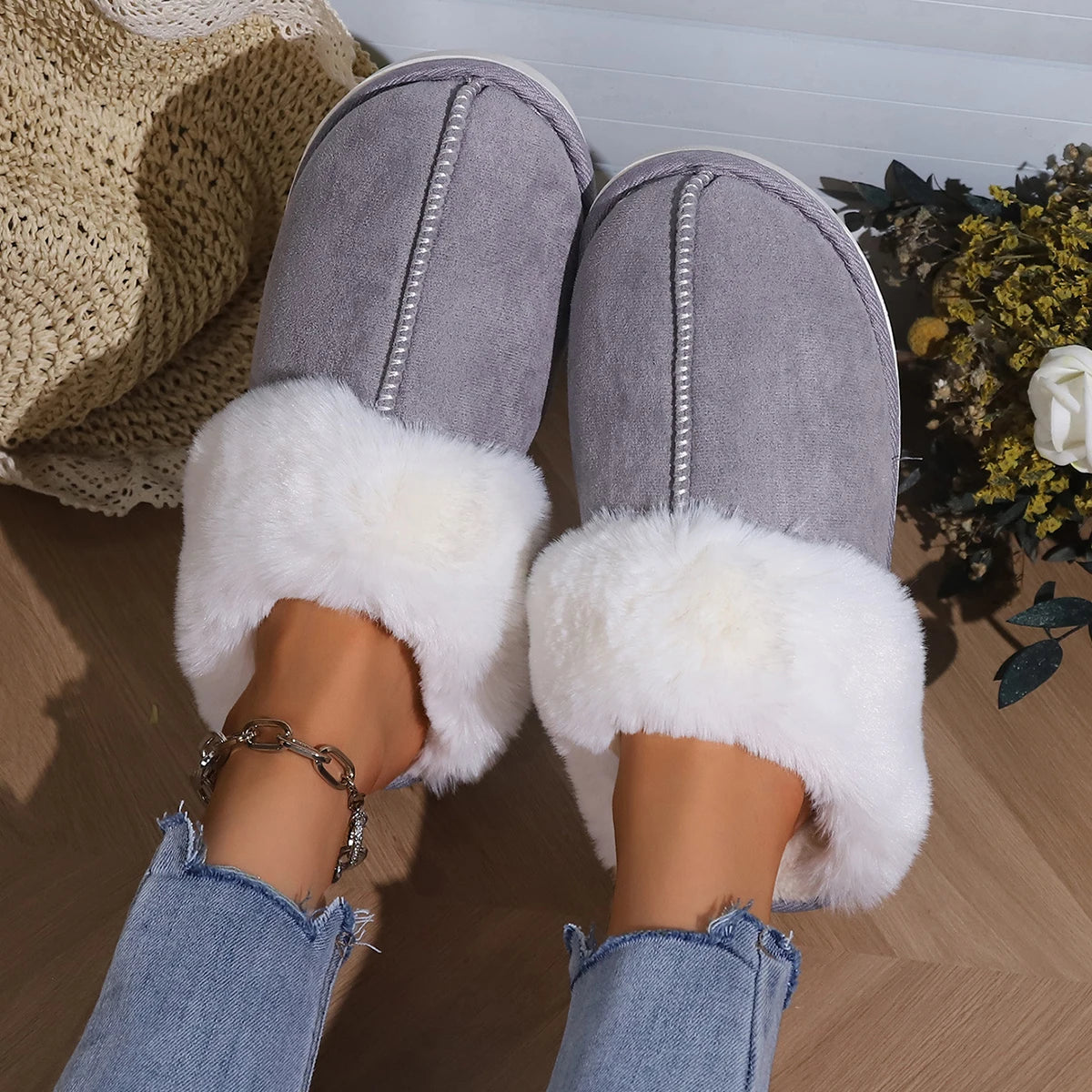 New Fashion Concise Easy Matching Winter Warm Plush Slippers Women