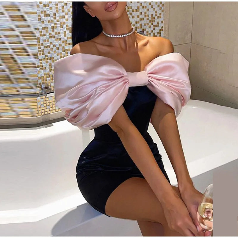 New Fashion Women Bodycon Dress Off Shoulder Big Bowknot Skinny Clubnight Cocktail Party Comfortable Simple elegant