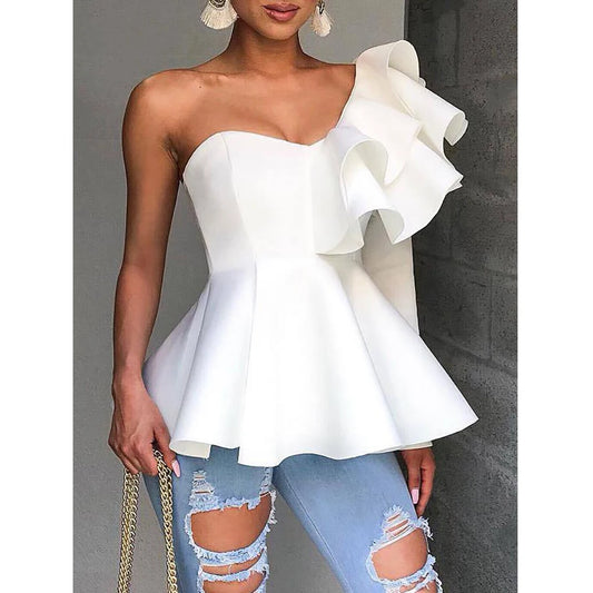 One Shoulder Zipper Up Peplum Ruffle Top