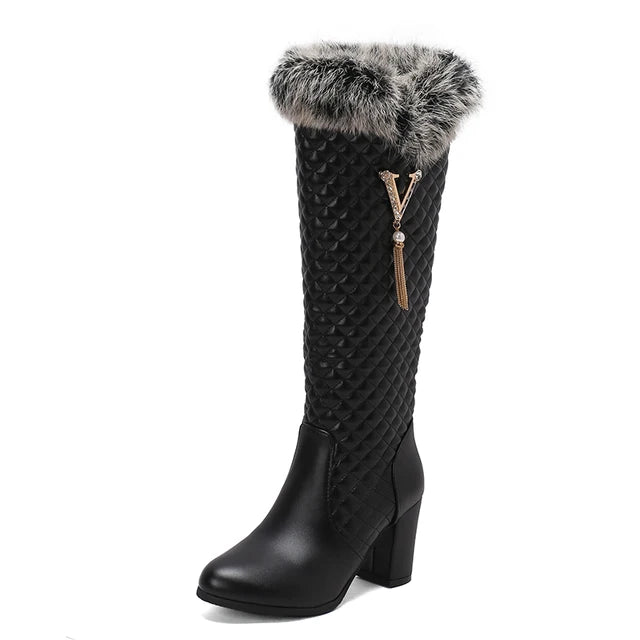 Plus Size Fur Raised Checker Pattern Women's Knee