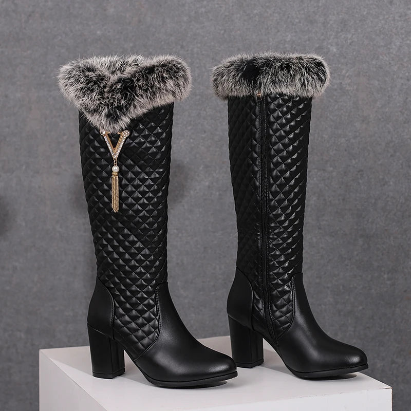 Plus Size Fur Raised Checker Pattern Women's Knee