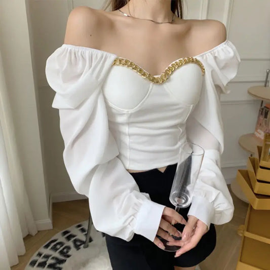 Shoulder Fashion Woman Blouse Korean Style White Elegant