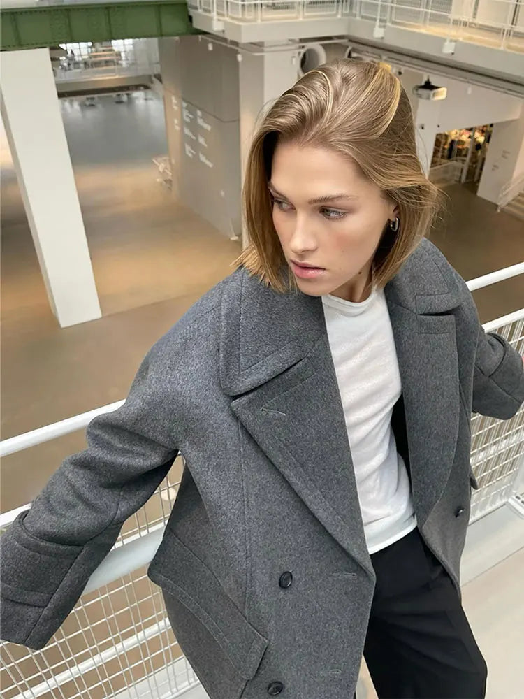 Solid Color Lapel Collar Short Overcoat Women