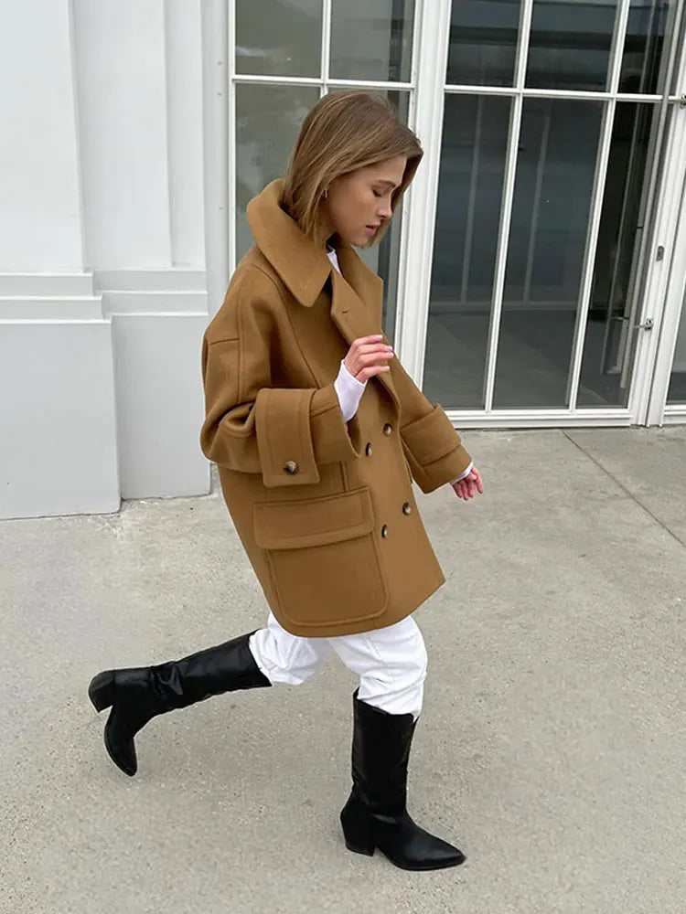 Solid Color Lapel Collar Short Overcoat Women