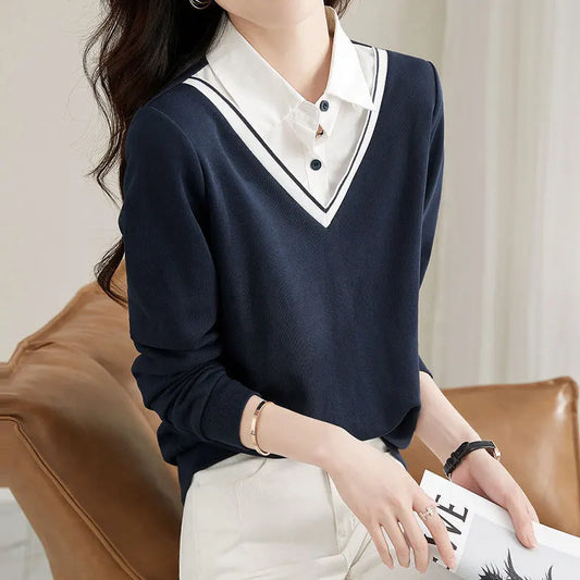 Stylish Polo-Neck Fake Two Pieces Patchwork Knitted Shirt Solid Color