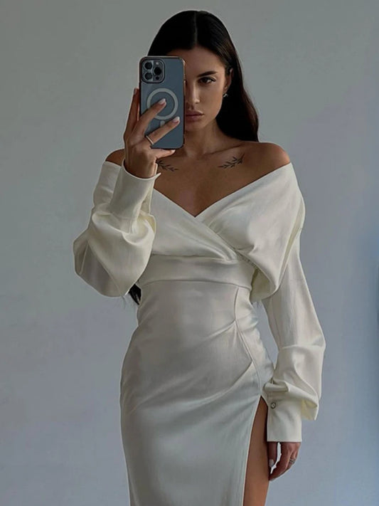 WeiYao Long Sleeved V-neck Sexy Evening Dresses Ladies Luxury Elegant