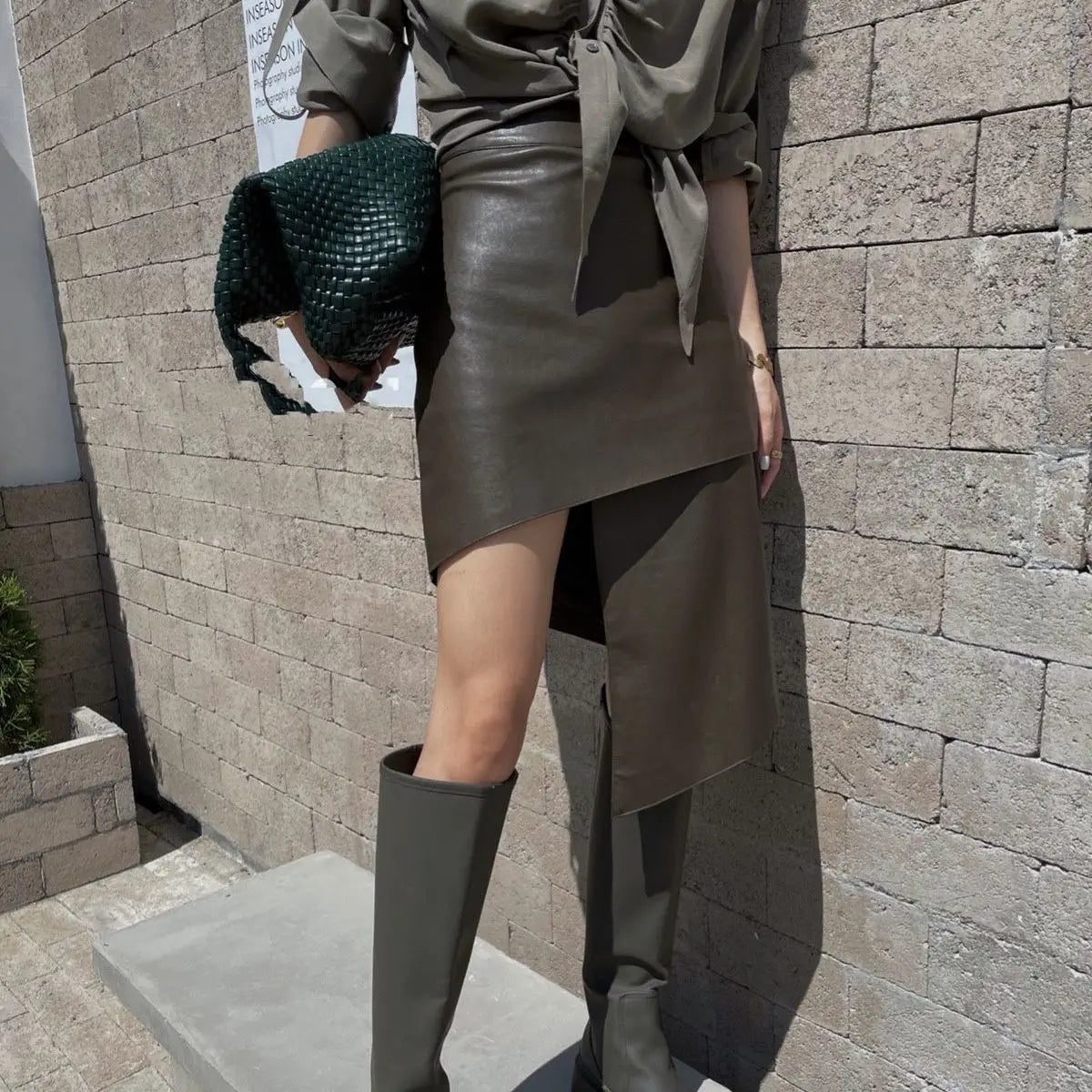 Woman Leather Skirt PU Solid Asymmetric