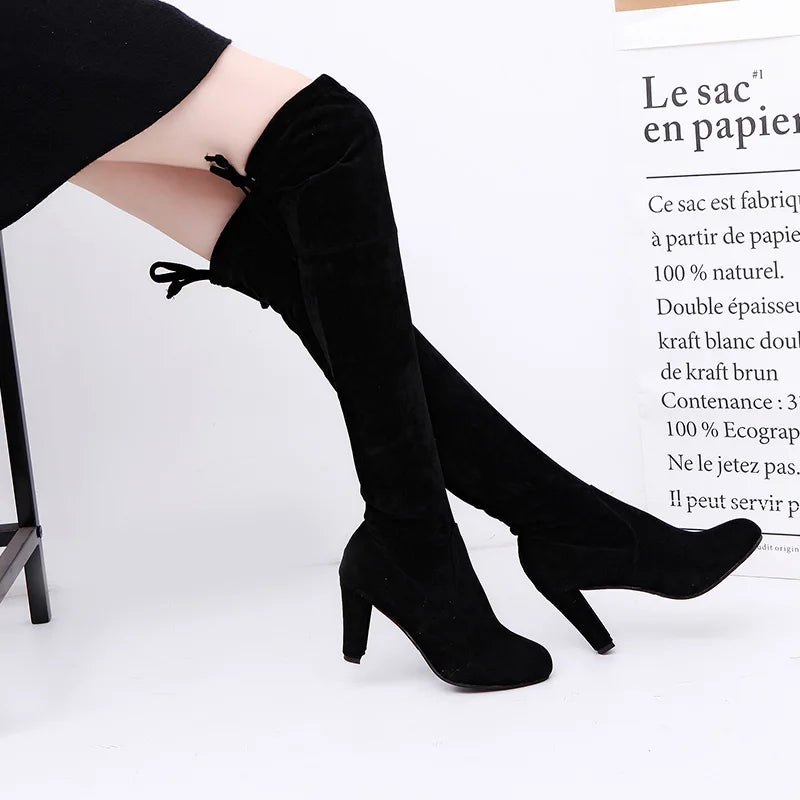 Women Boot Faux Suede Over The Knee Boots Lace Up Sexy High Heels Shoes