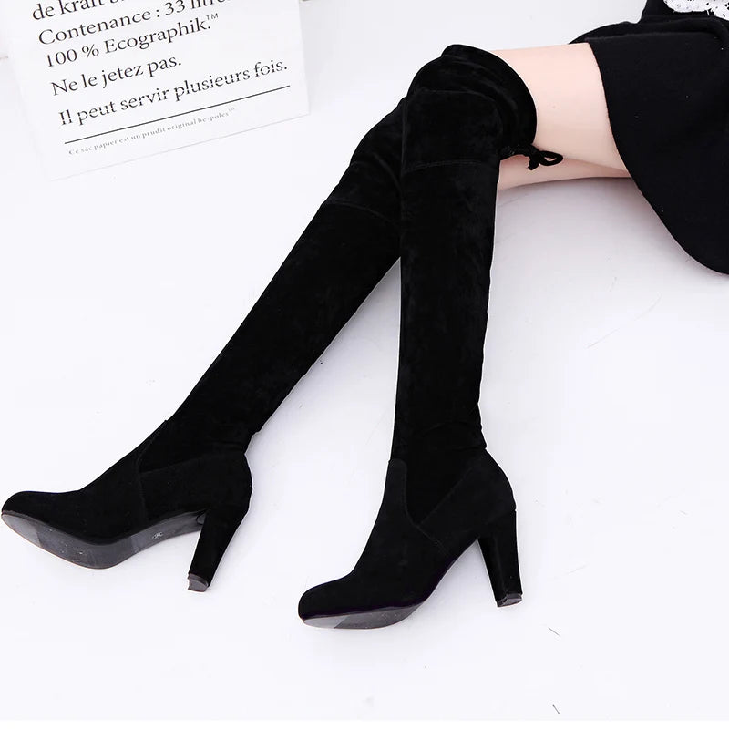 Women Boot Faux Suede Over The Knee Boots Lace Up Sexy High Heels Shoes