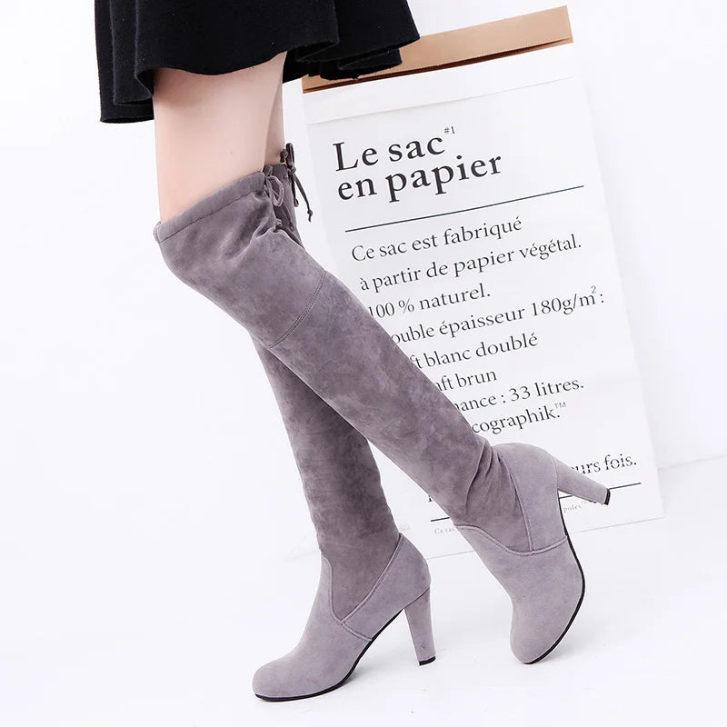 Women Boot Faux Suede Over The Knee Boots Lace Up Sexy High Heels Shoes