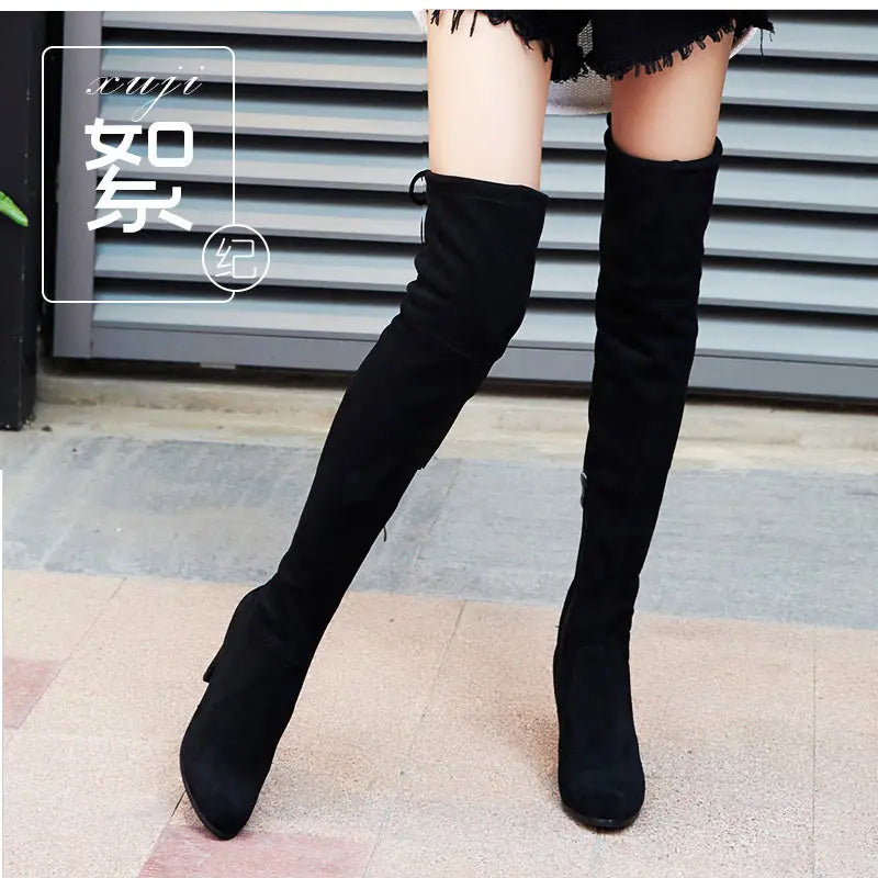 Women Boot Faux Suede Over The Knee Boots Lace Up Sexy High Heels Shoes