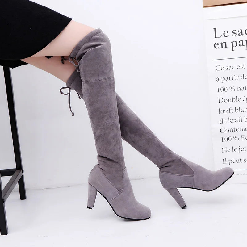 Women Boot Faux Suede Over The Knee Boots Lace Up Sexy High Heels Shoes